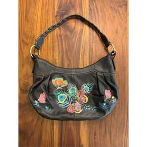 Anuschka Women's Brown Hand Painted Floral Butterfly Print Leather Shoulder Bag